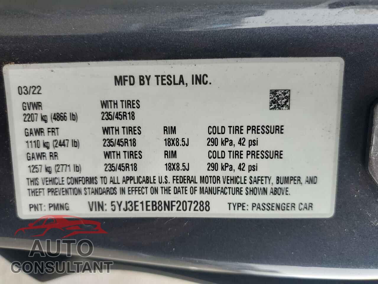 TESLA MODEL 3 2022 - 5YJ3E1EB8NF207288