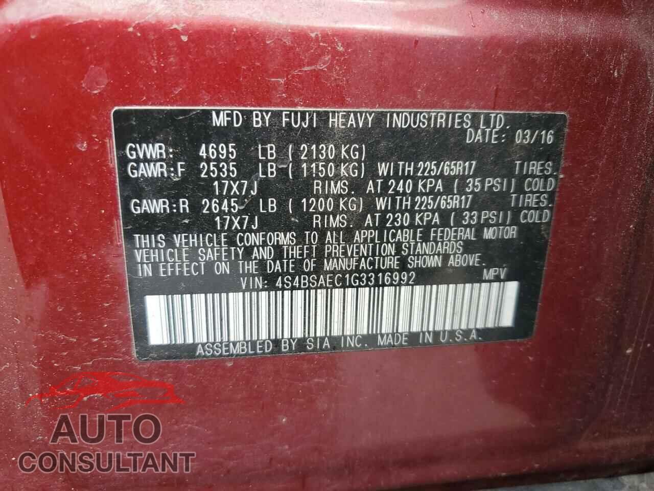 SUBARU OUTBACK 2016 - 4S4BSAEC1G3316992