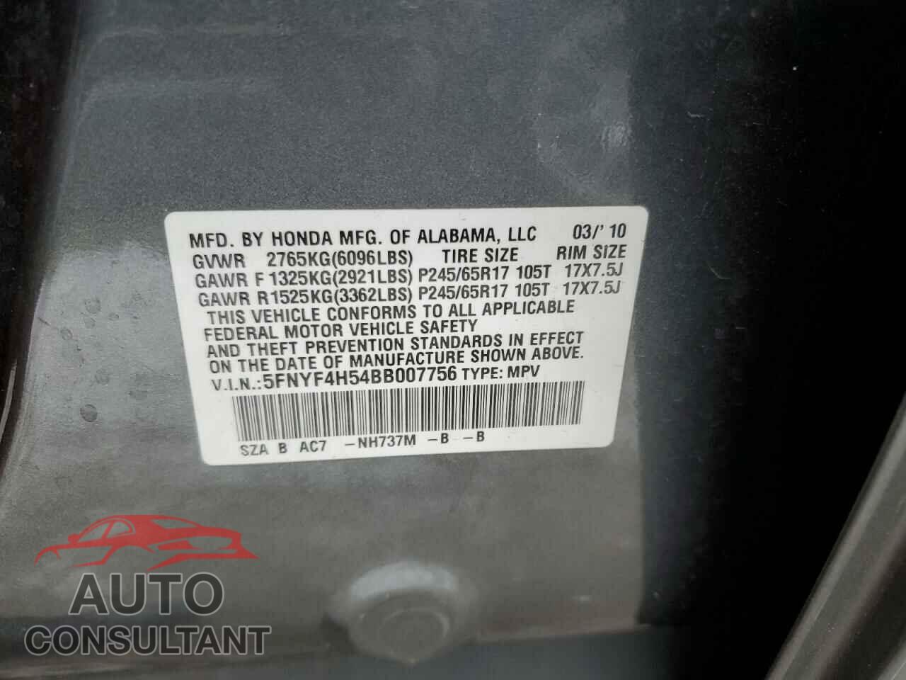 HONDA PILOT 2011 - 5FNYF4H54BB007756
