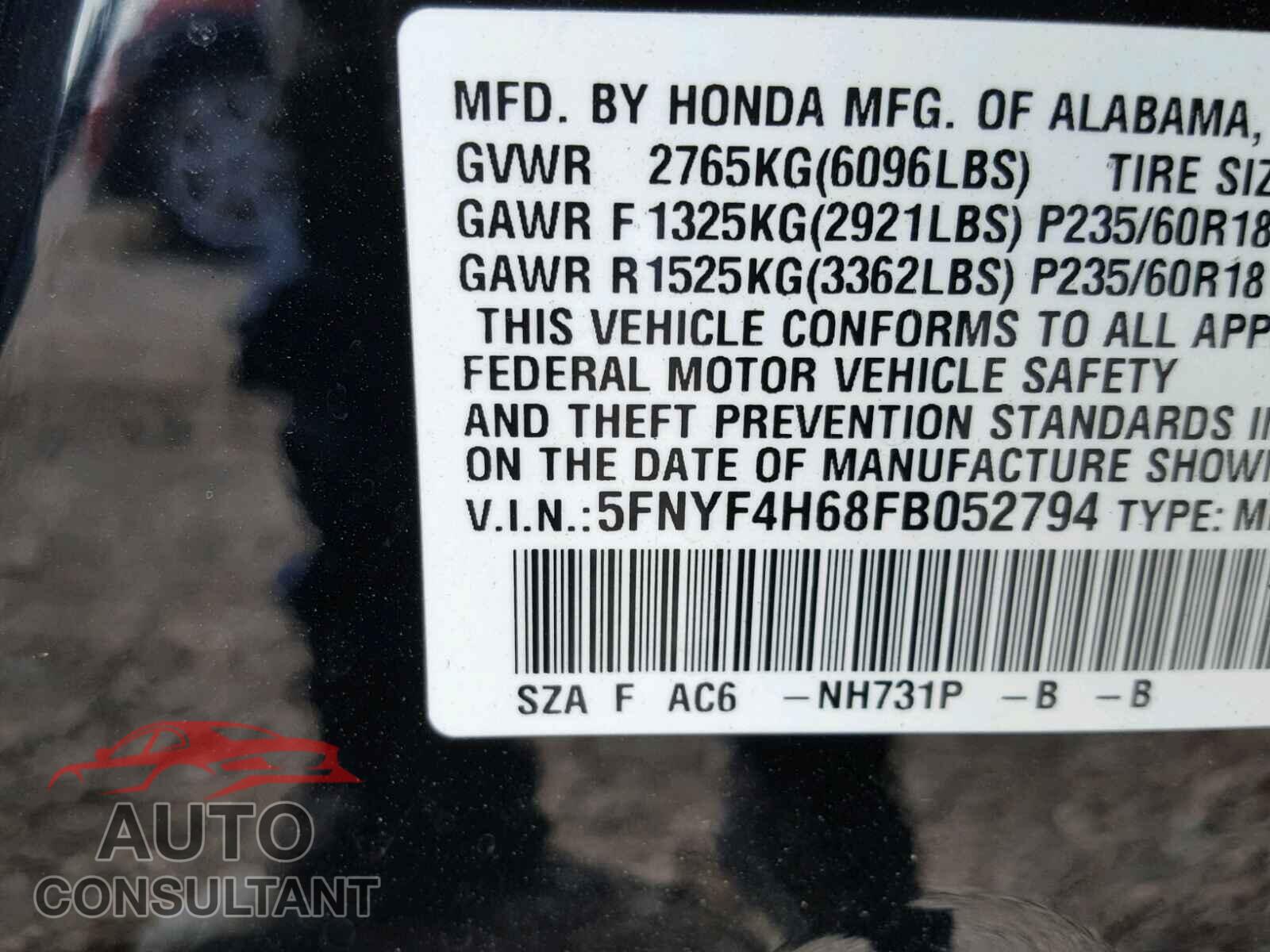 HONDA PILOT EXL 2015 - 5FNYF4H68FB052794