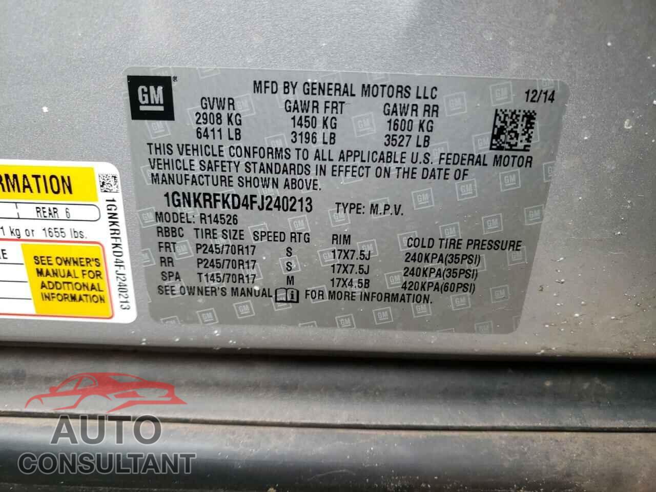 CHEVROLET TRAVERSE 2015 - 1GNKRFKD4FJ240213