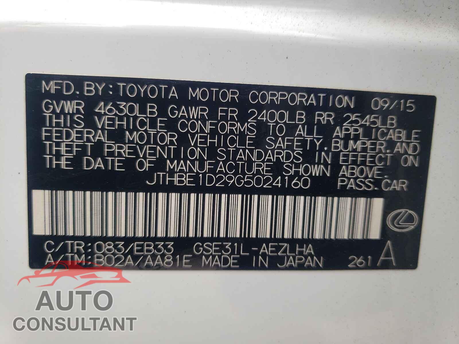 LEXUS IS 2016 - JTHBE1D29G5024160