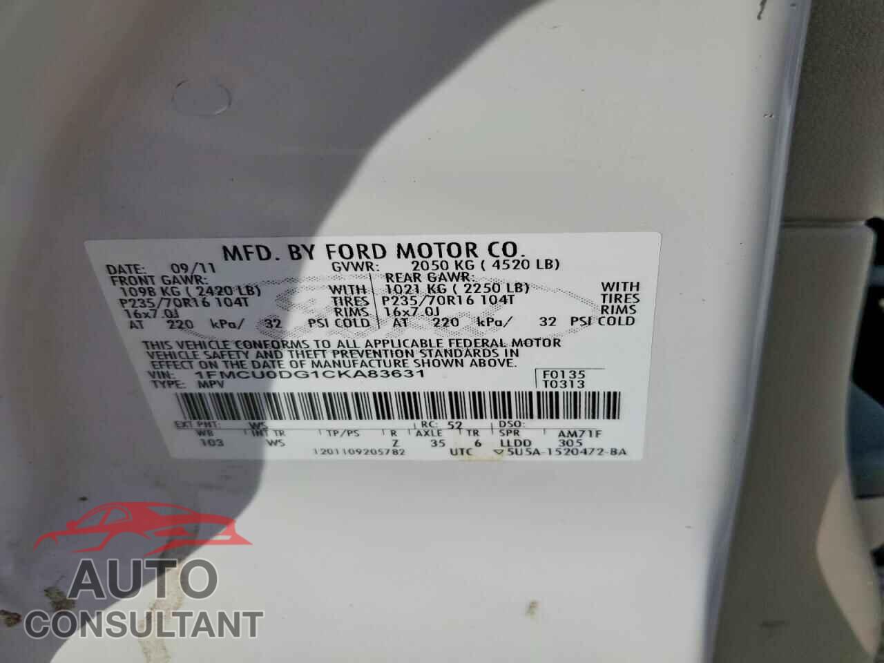 FORD ESCAPE 2012 - 1FMCU0DG1CKA83631