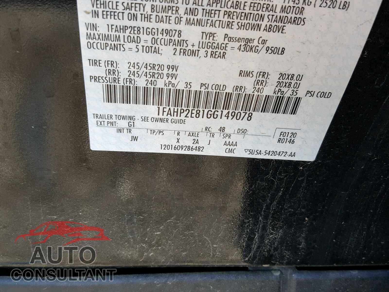 FORD TAURUS 2016 - 1FAHP2E81GG149078
