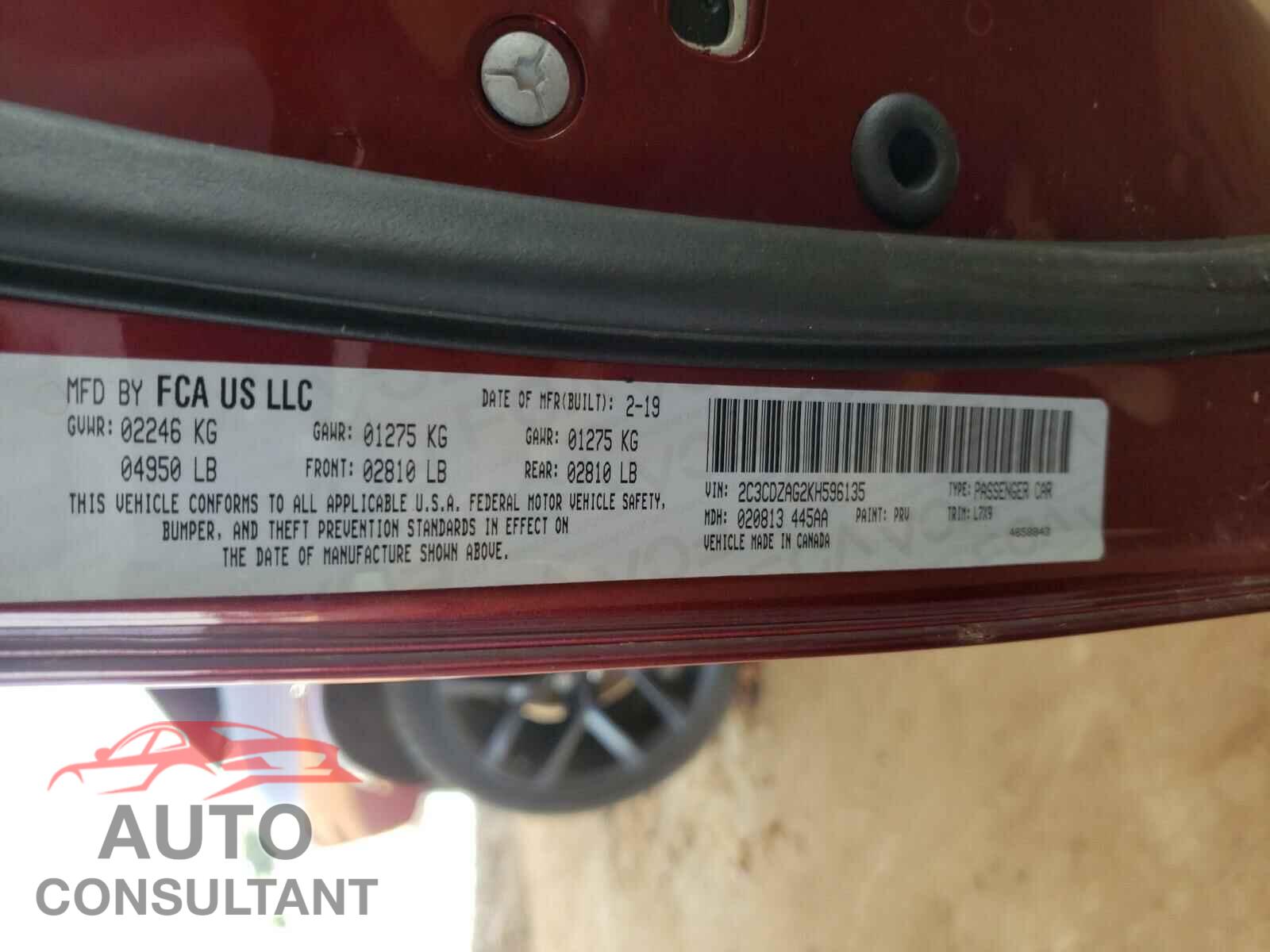DODGE CHALLENGER 2019 - 2C3CDZAG2KH596135