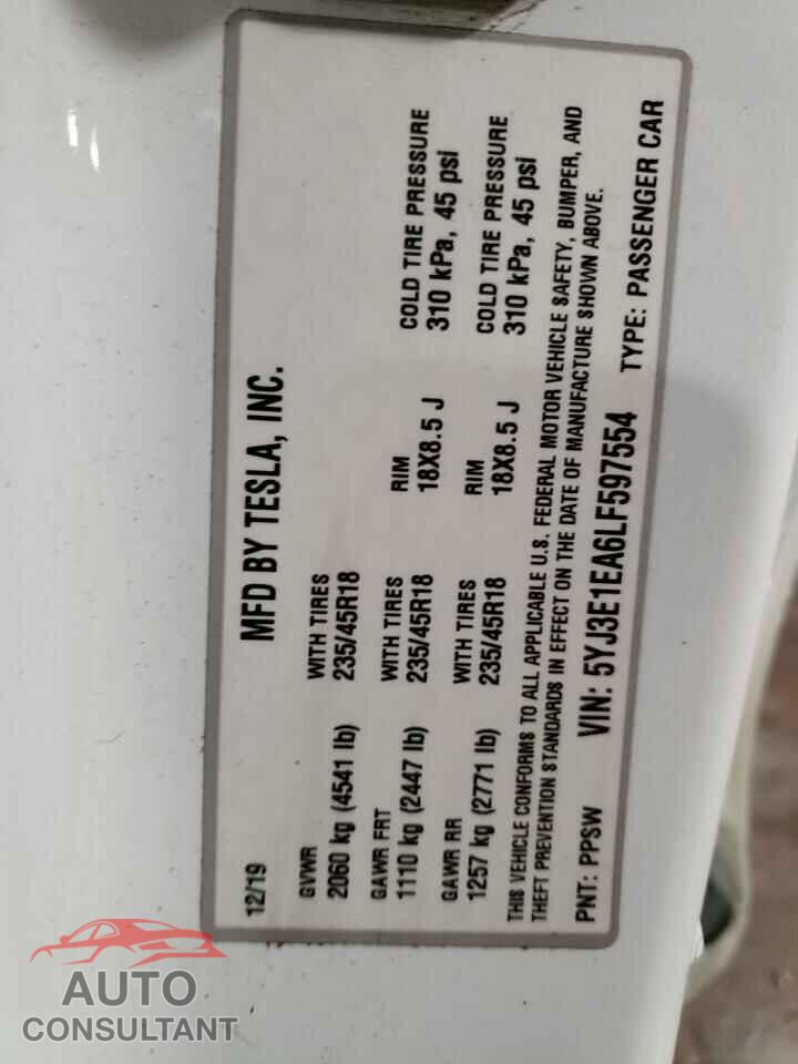 TESLA MODEL 3 2020 - 5YJ3E1EA6LF597554