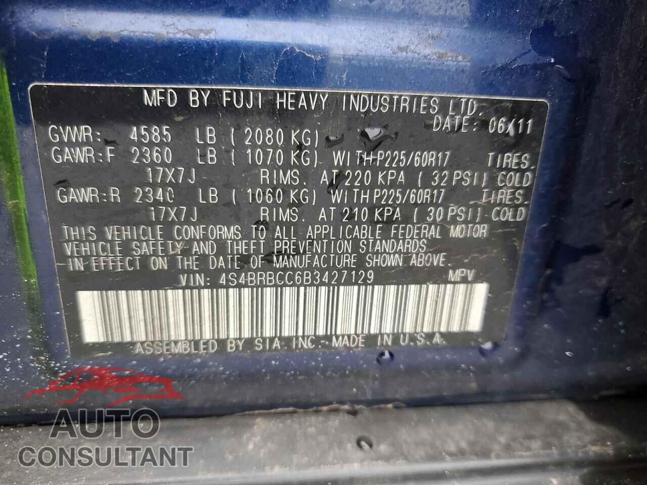 SUBARU OUTBACK 2011 - 4S4BRBCC6B3427129