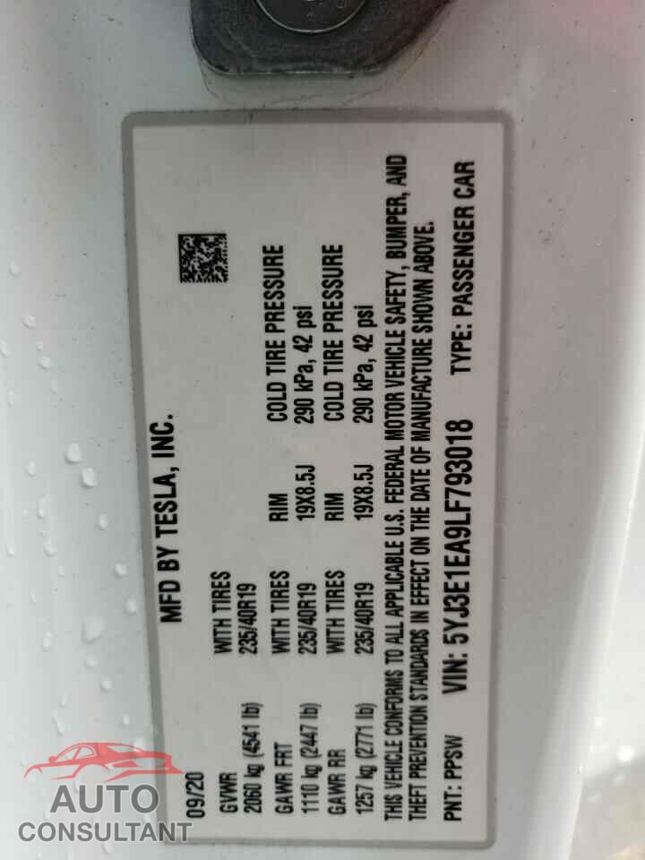 TESLA MODEL 3 2020 - 5YJ3E1EA9LF793018