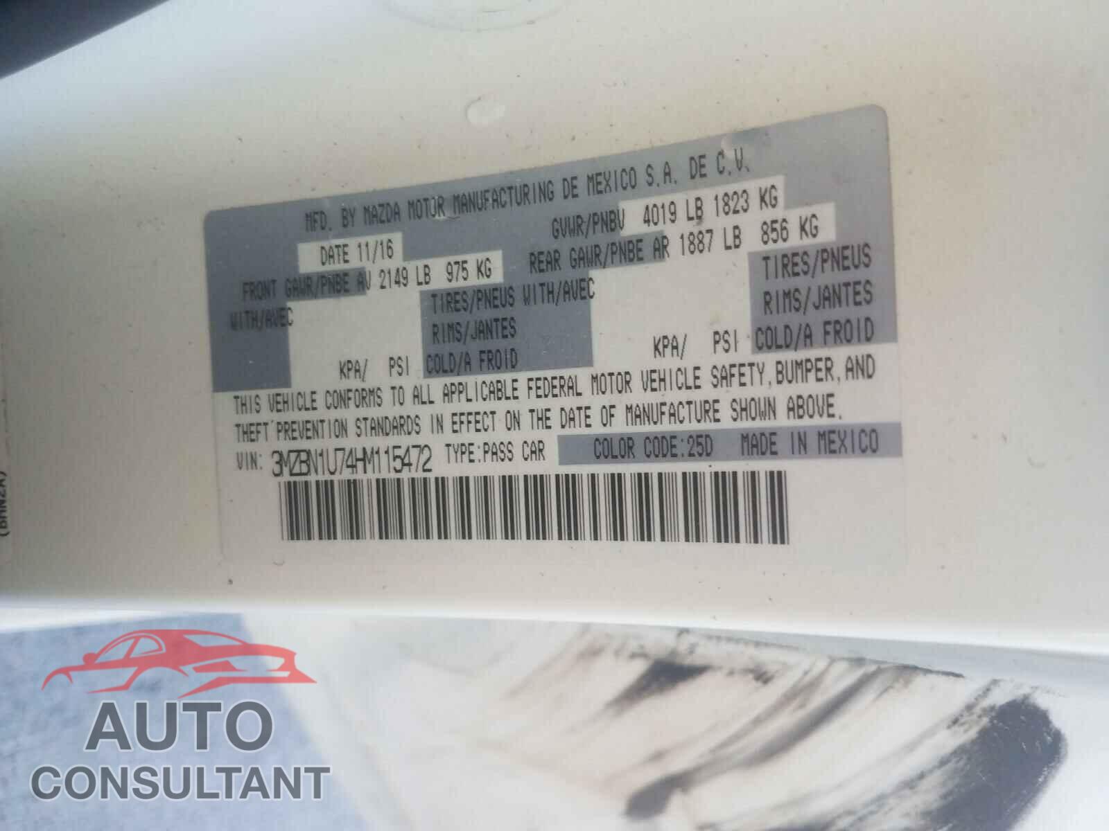 MAZDA 3 2017 - 3MZBN1U74HM115472