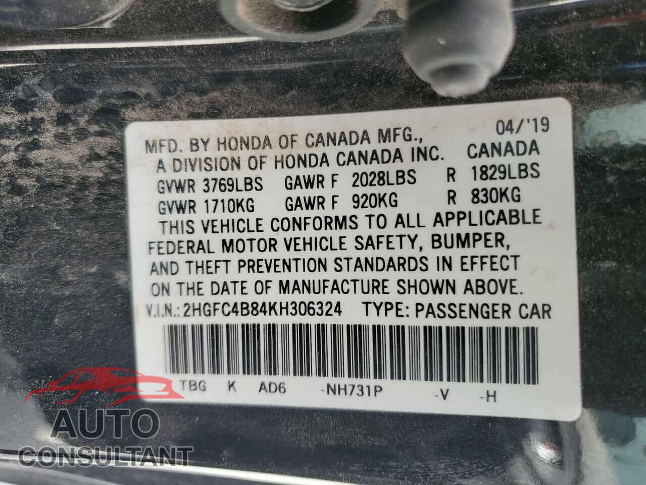 HONDA CIVIC 2019 - 2HGFC4B84KH306324