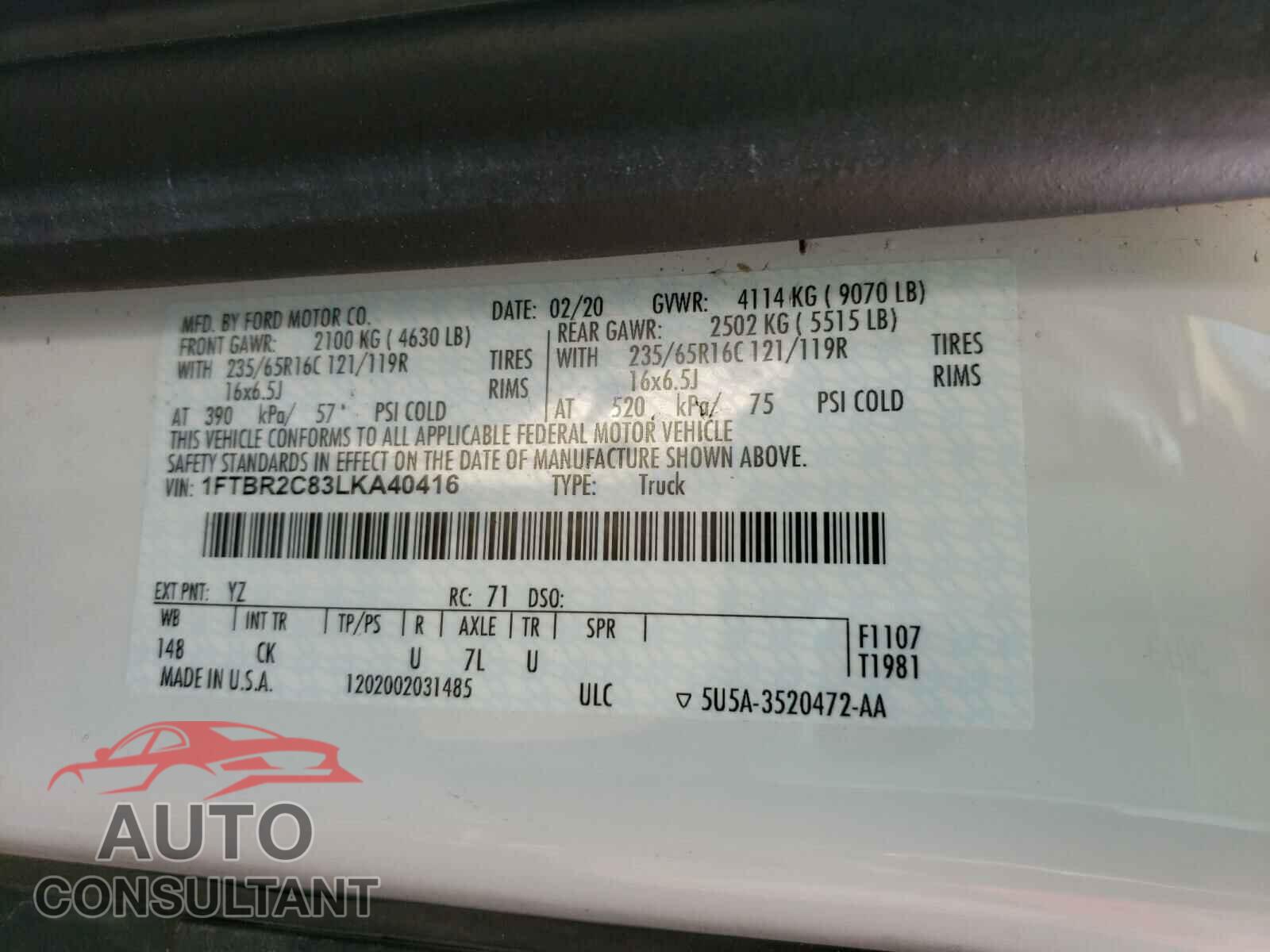 FORD TRANSIT CO 2020 - 1FTBR2C83LKA40416