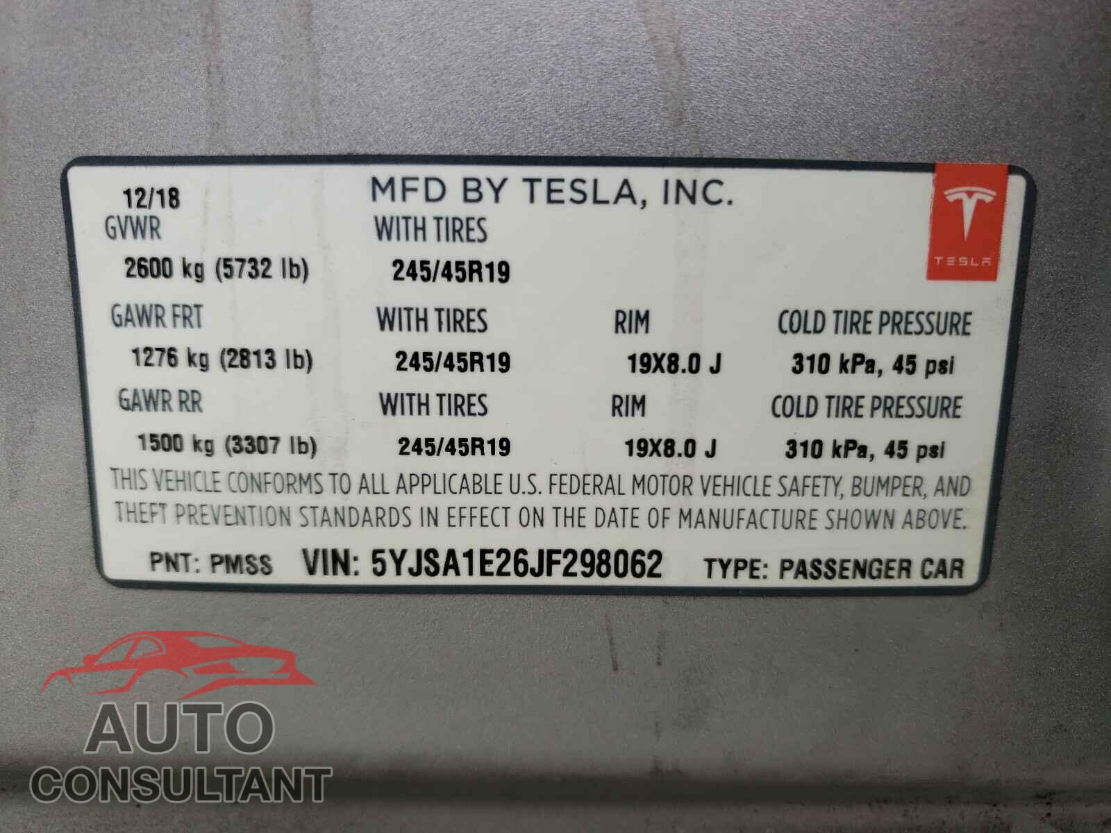 TESLA MODEL S 2018 - 5YJSA1E26JF298062