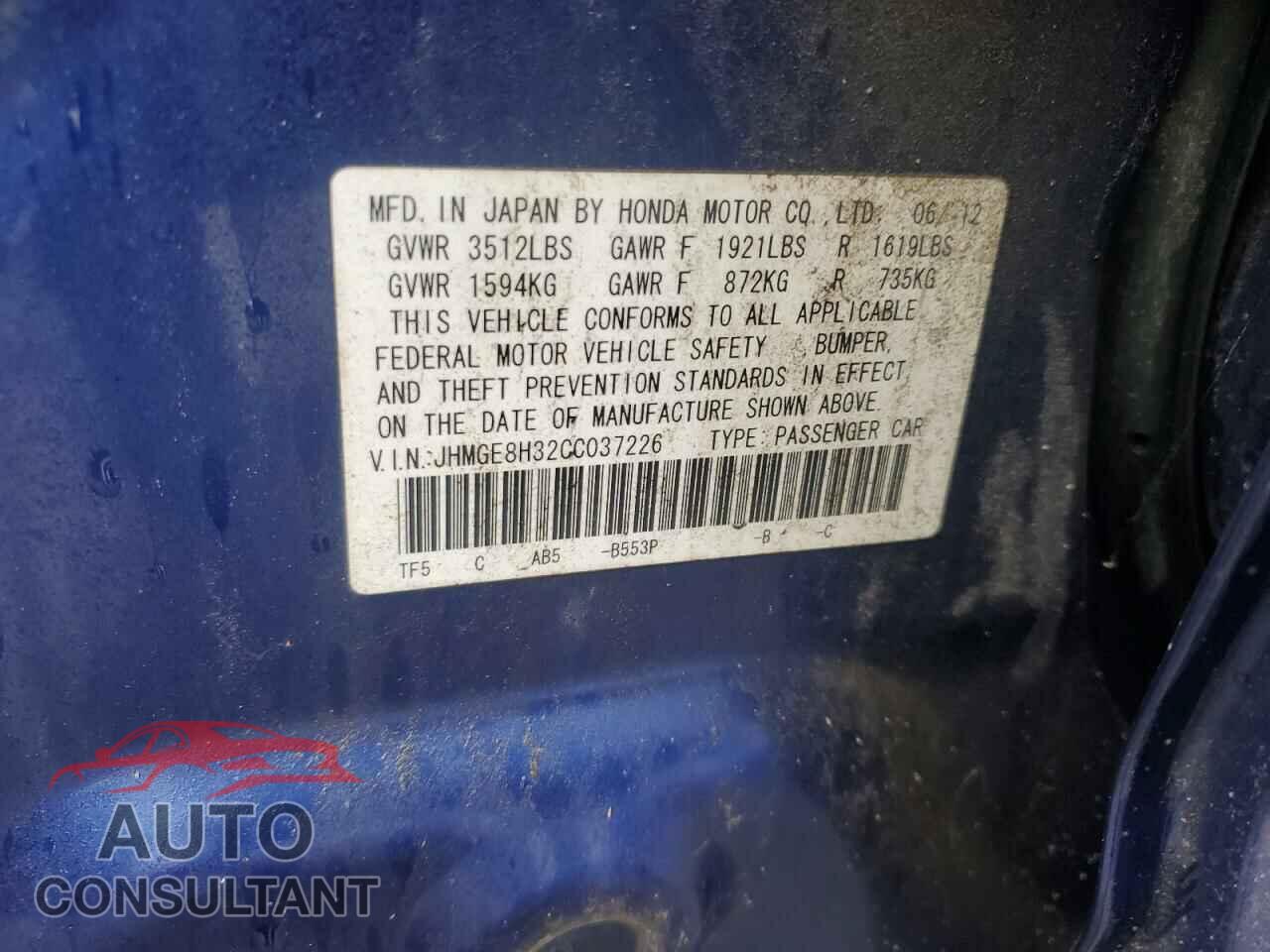 HONDA FIT 2012 - JHMGE8H32CC037226