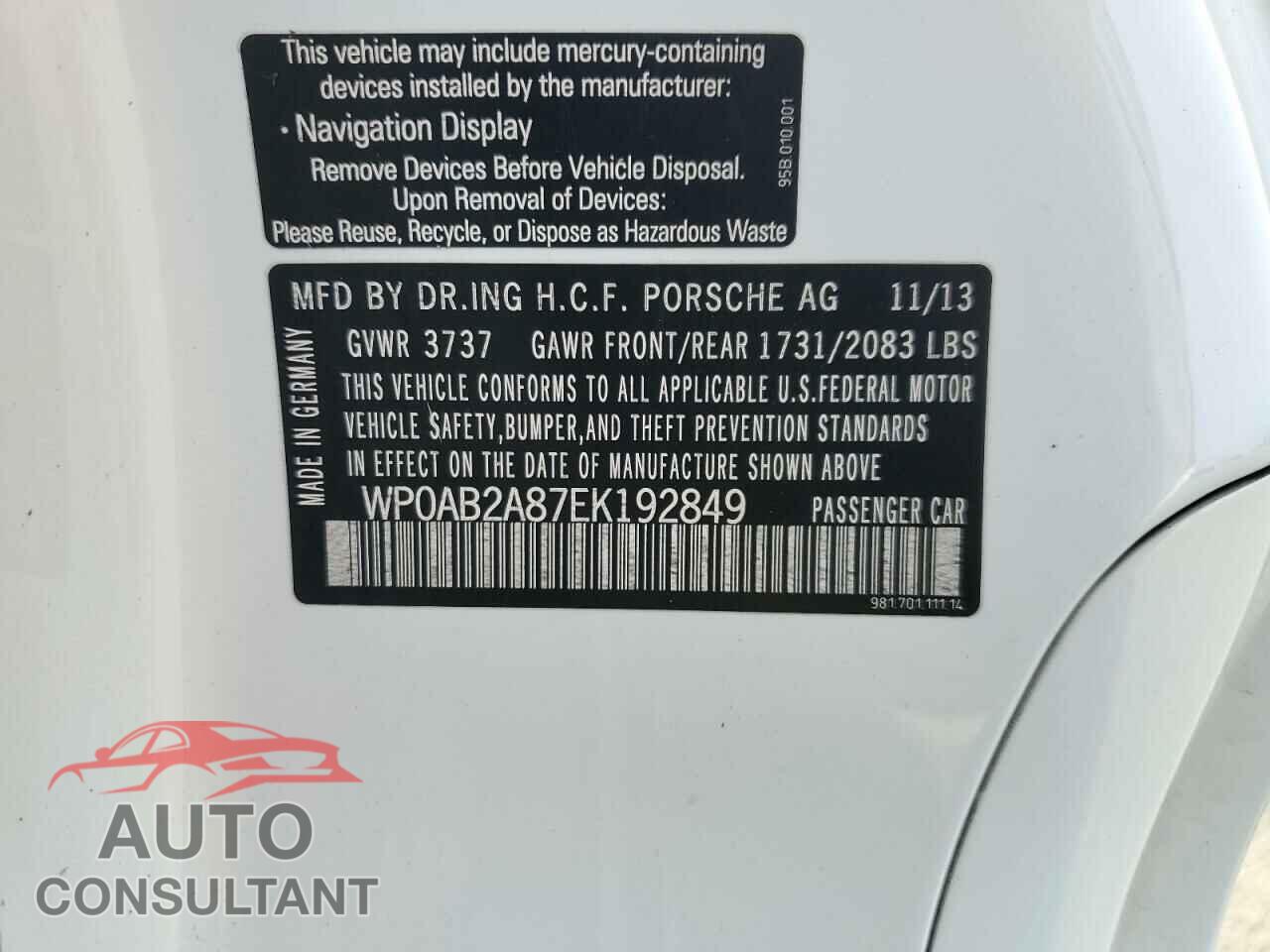 PORSCHE CAYMAN 2014 - WP0AB2A87EK192849