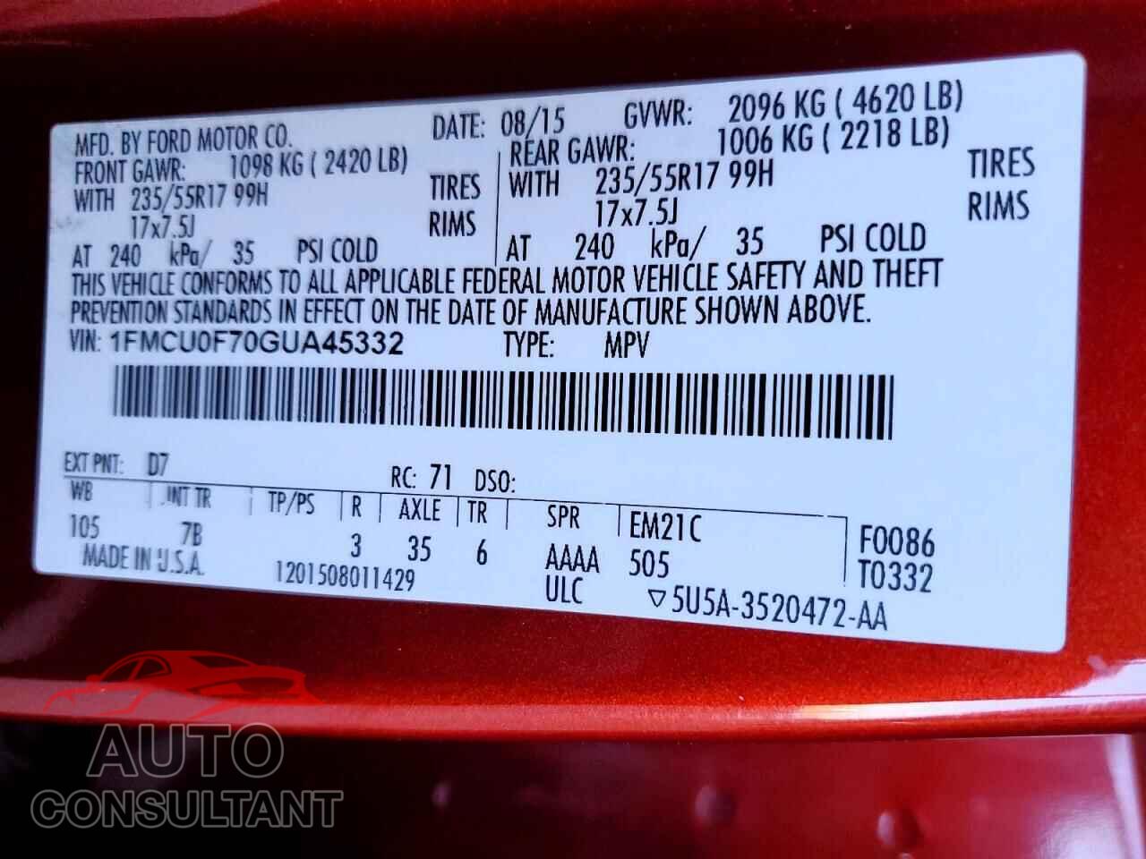 FORD ESCAPE 2016 - 1FMCU0F70GUA45332