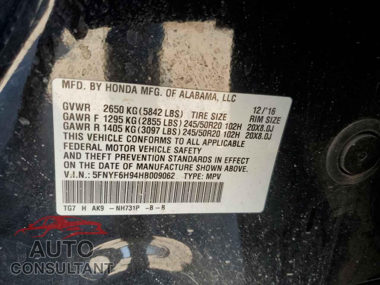 HONDA PILOT 2017 - 5FNYF6H94HB009062