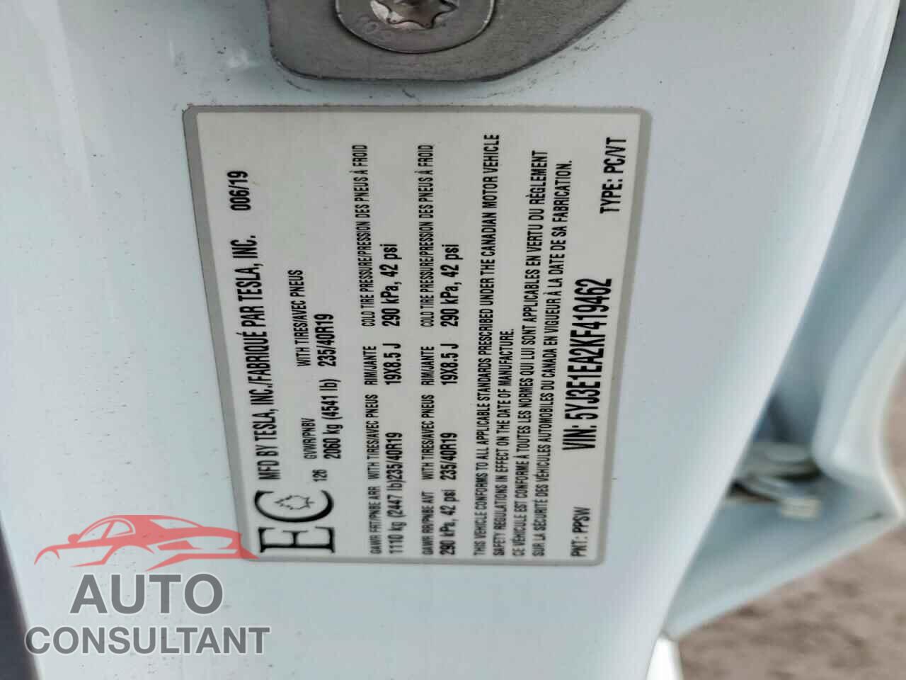 TESLA MODEL 3 2019 - 5YJ3E1EA2KF419462