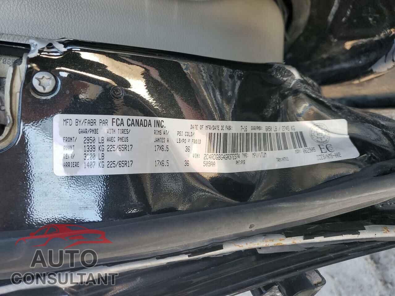 DODGE CARAVAN 2016 - 2C4RDGBG4GR372374