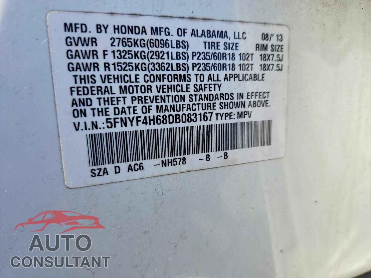 HONDA PILOT 2013 - 5FNYF4H68DB083167