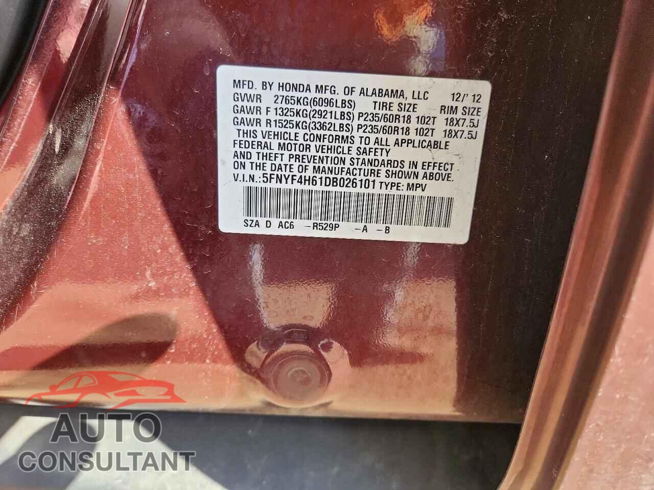 HONDA PILOT 2013 - 5FNYF4H61DB026101