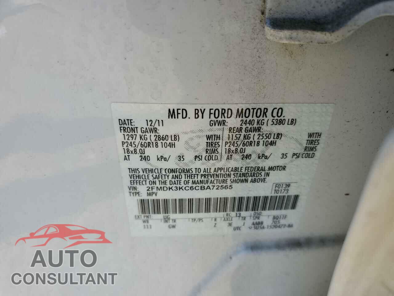 FORD EDGE 2012 - 2FMDK3KC6CBA72565