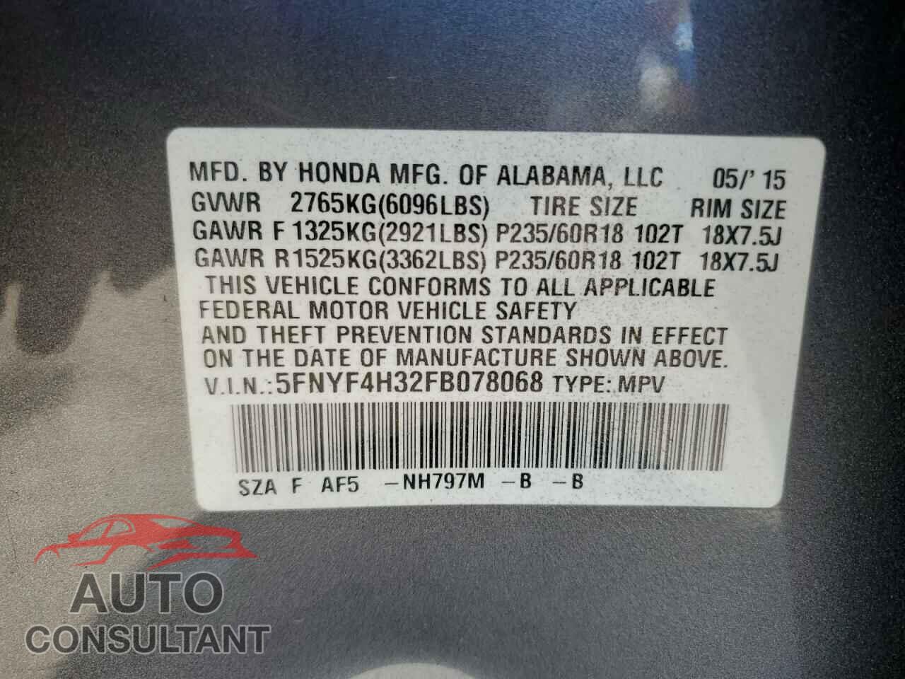 HONDA PILOT 2015 - 5FNYF4H32FB078068
