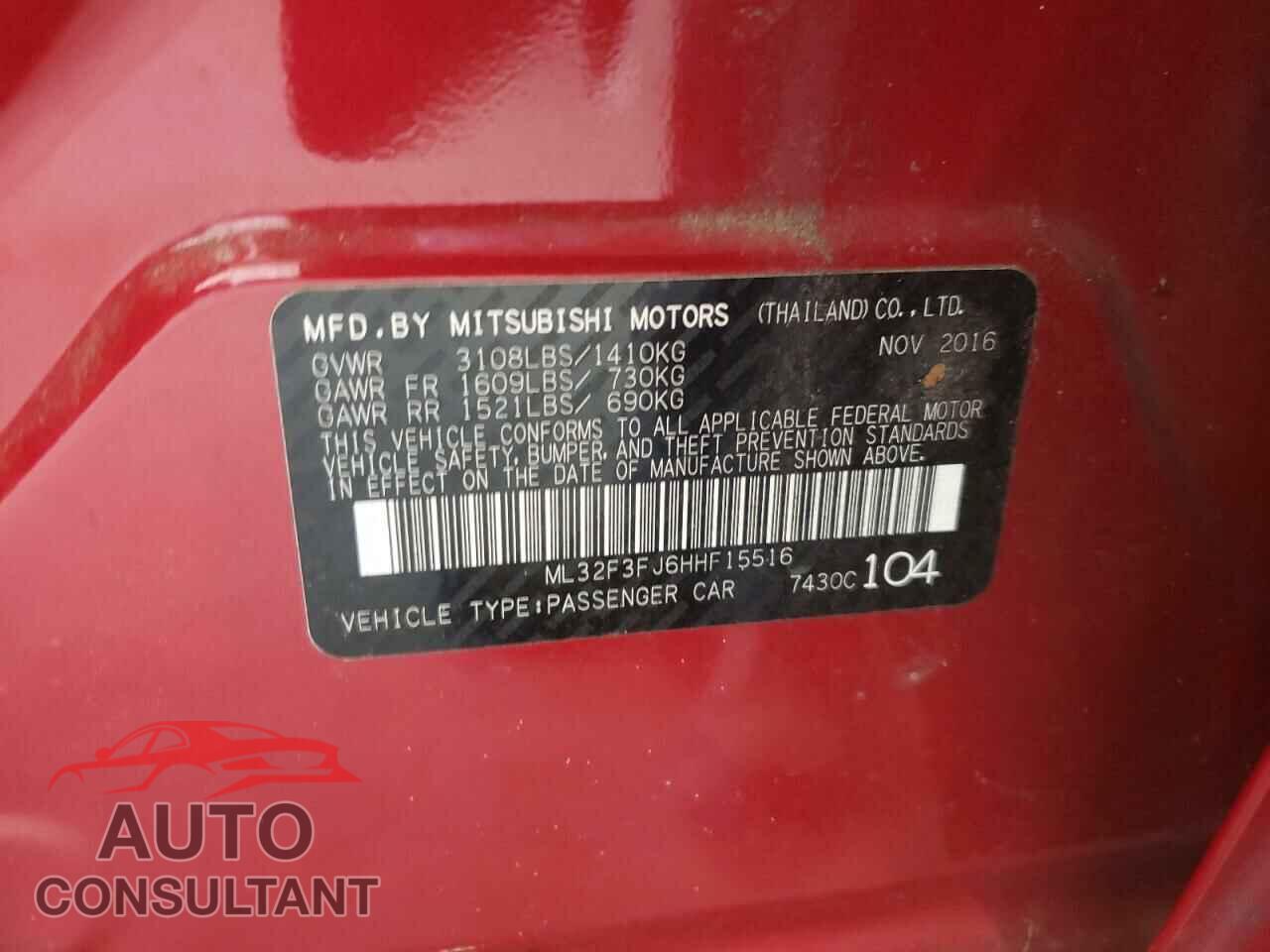 MITSUBISHI MIRAGE 2017 - ML32F3FJ6HHF15516