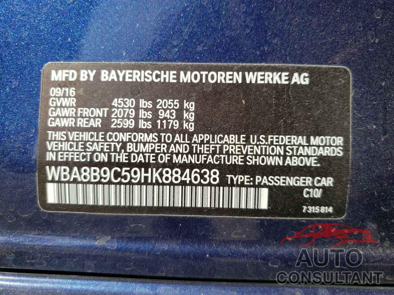 BMW 3 SERIES 2017 - WBA8B9C59HK884638