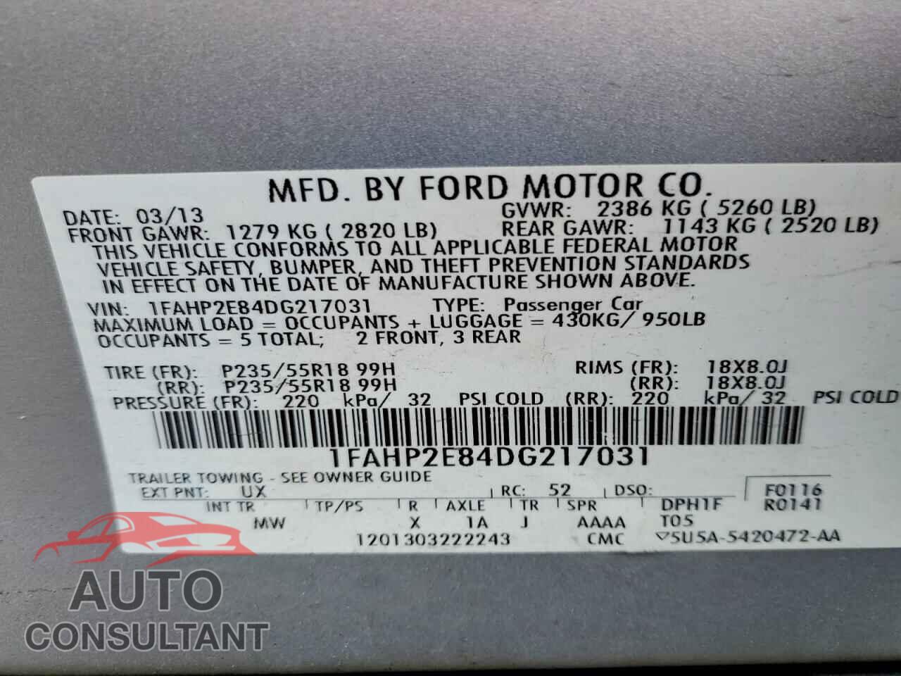 FORD TAURUS 2013 - 1FAHP2E84DG217031