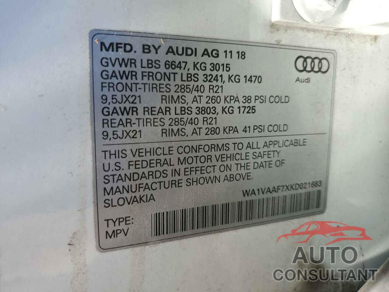 AUDI Q7 2019 - WA1VAAF7XKD021683