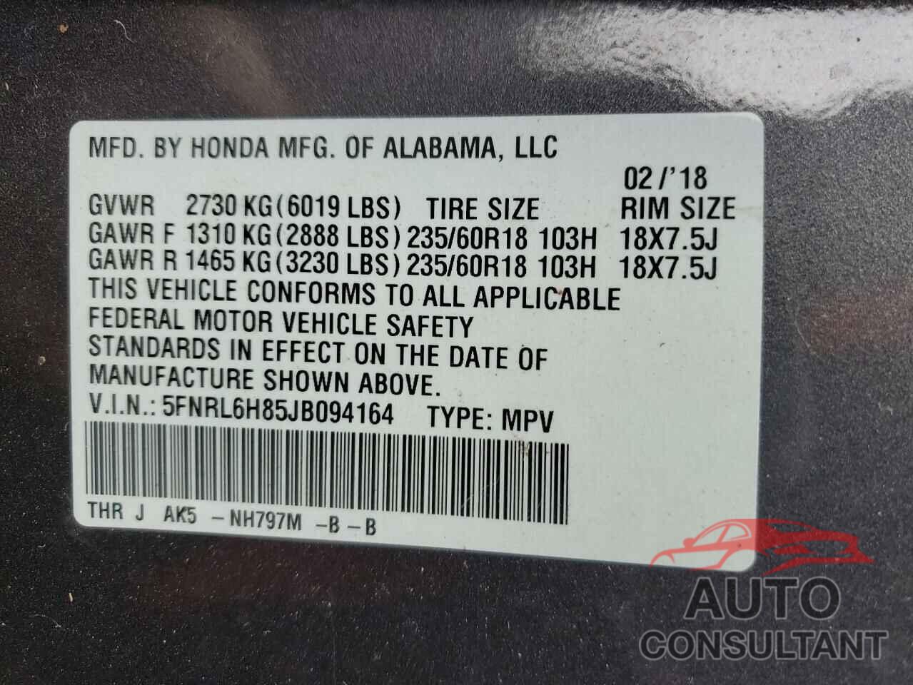 HONDA ODYSSEY 2018 - 5FNRL6H85JB094164