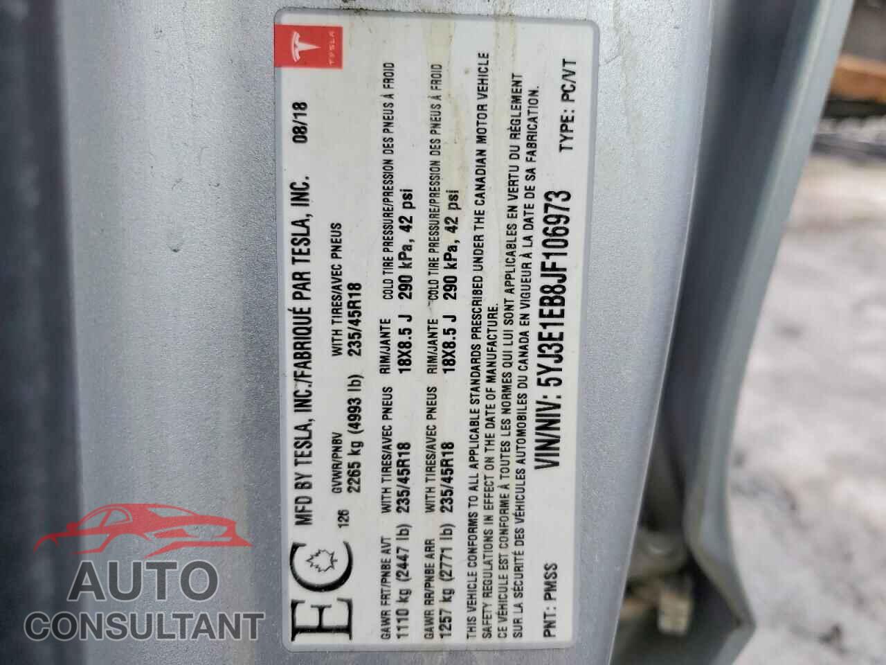 TESLA MODEL 3 2018 - 5YJ3E1EB8JF106973