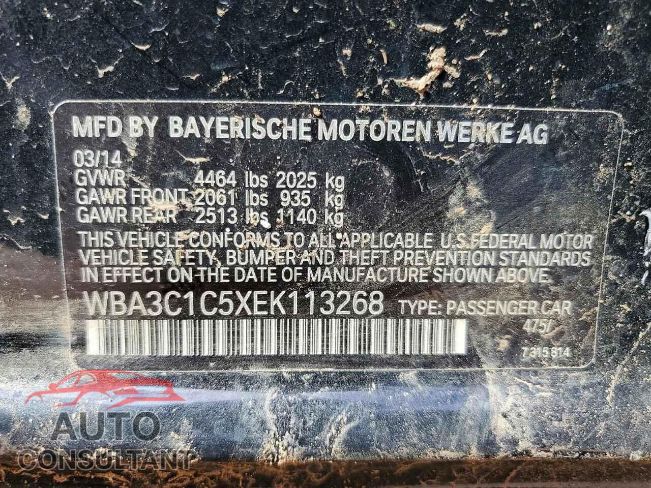 BMW 3 SERIES 2014 - WBA3C1C5XEK113268
