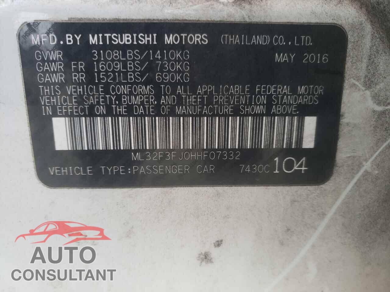 MITSUBISHI MIRAGE 2017 - ML32F3FJ0HHF07332