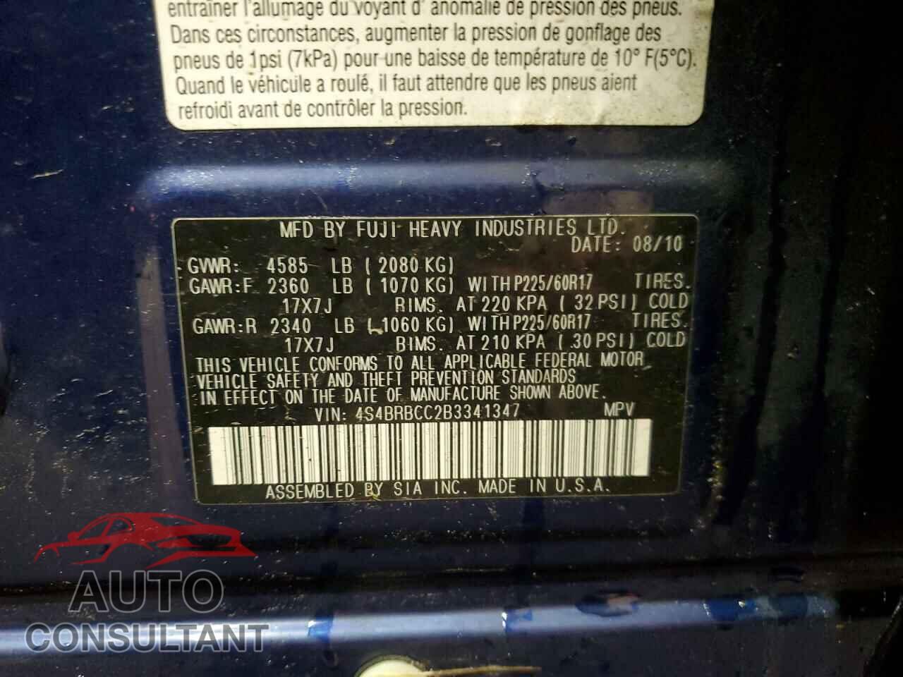 SUBARU OUTBACK 2011 - 4S4BRBCC2B3341347