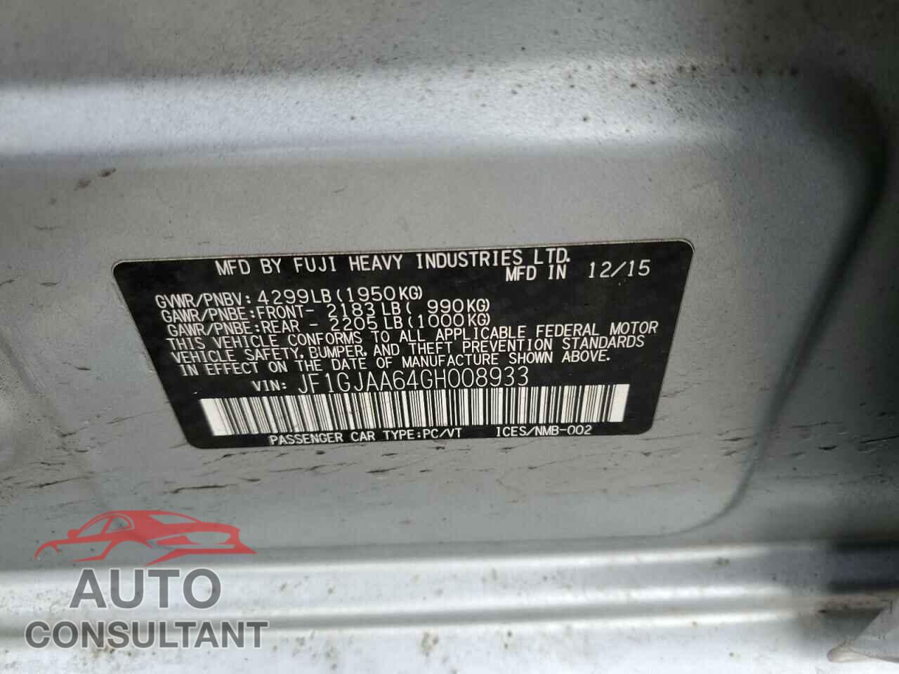SUBARU IMPREZA 2016 - JF1GJAA64GH008933