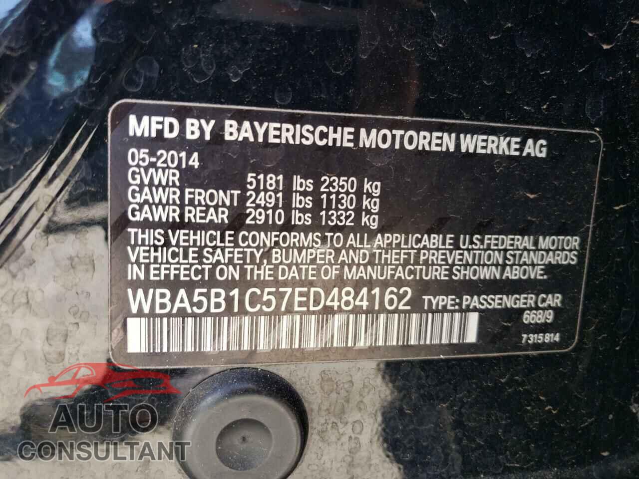 BMW 5 SERIES 2014 - WBA5B1C57ED484162