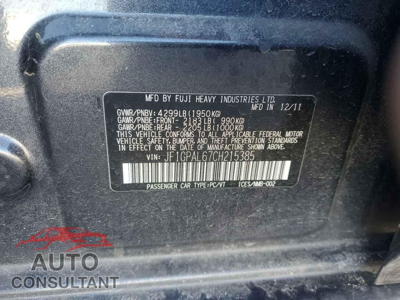 SUBARU IMPREZA 2012 - JF1GPAL67CH215385