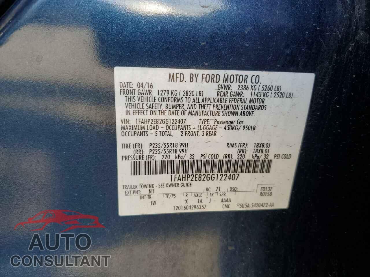 FORD TAURUS 2016 - 1FAHP2E82GG122407