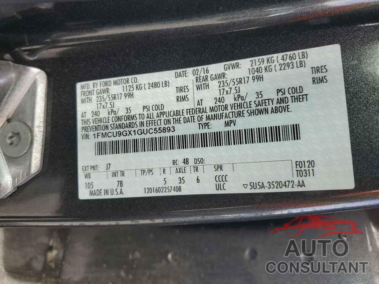 FORD ESCAPE 2016 - 1FMCU9GX1GUC55893