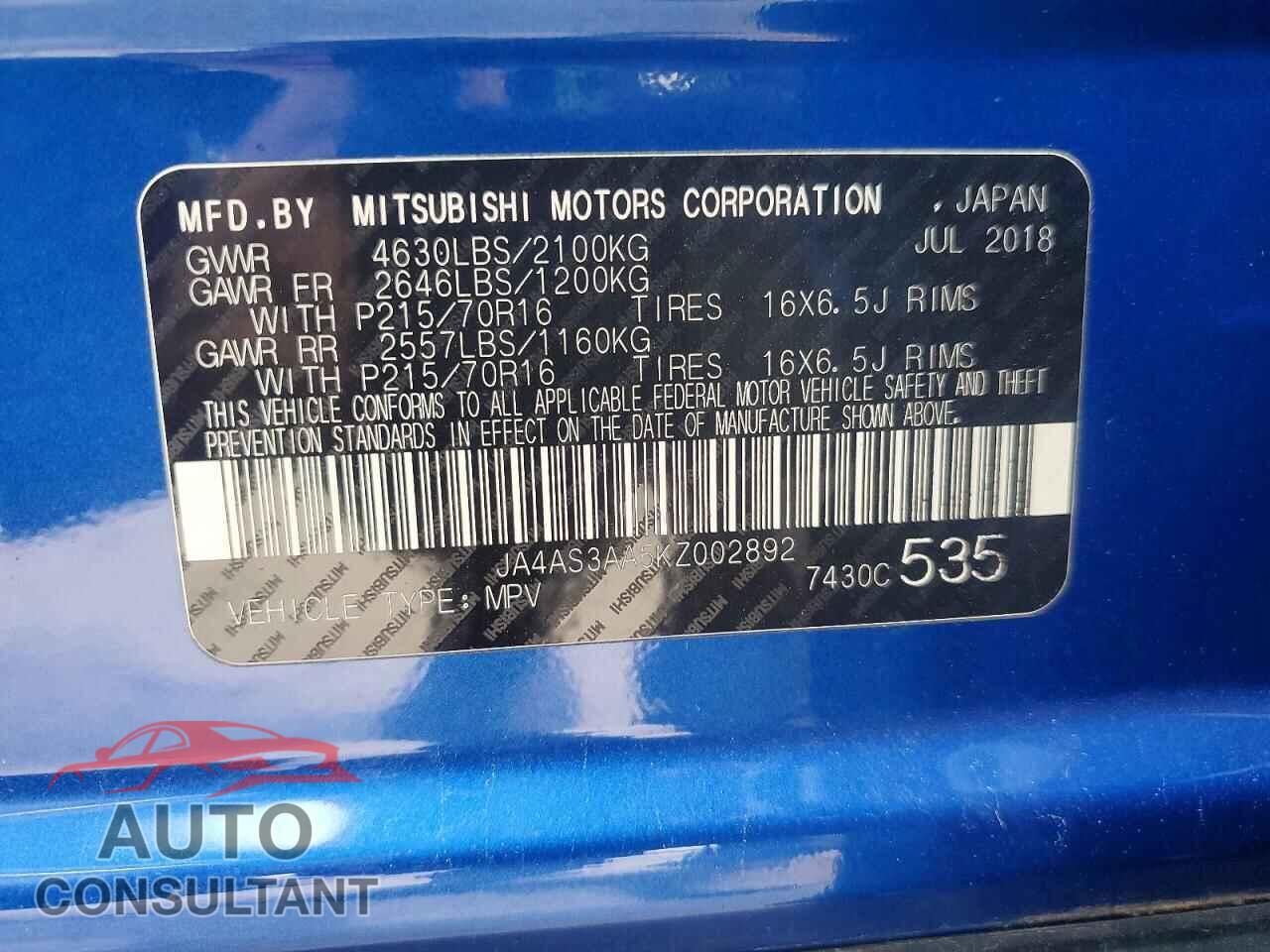 MITSUBISHI ECLIPSE 2019 - JA4AS3AA5KZ002892