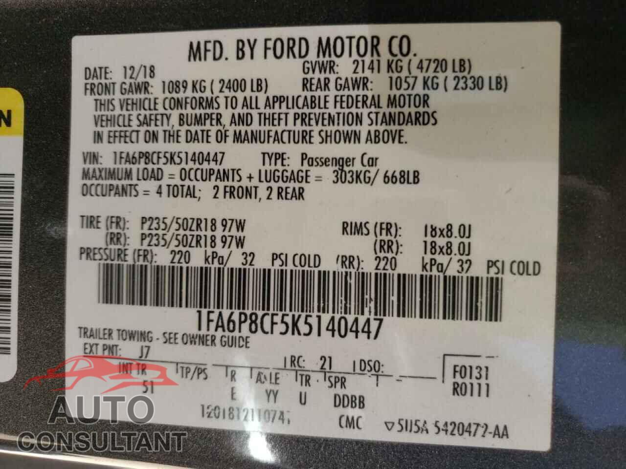 FORD MUSTANG 2019 - 1FA6P8CF5K5140447