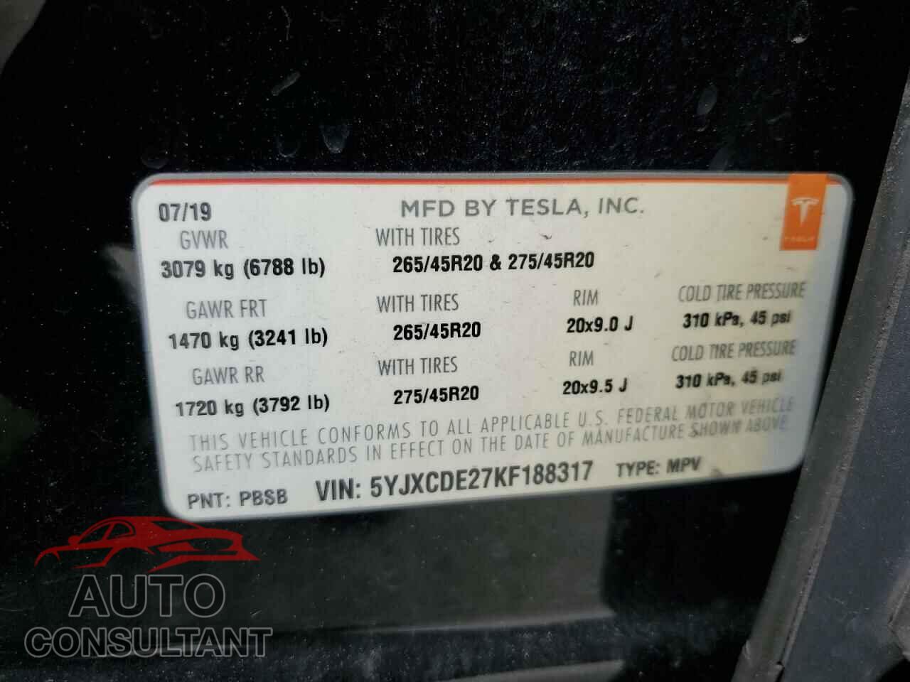 TESLA MODEL X 2019 - 5YJXCDE27KF188317