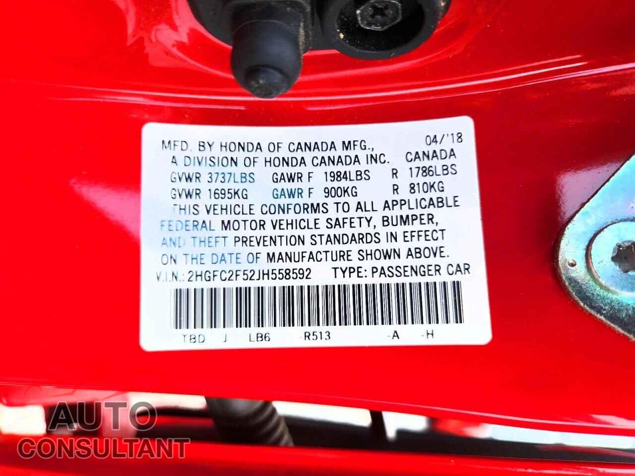 HONDA CIVIC 2018 - 2HGFC2F52JH558592