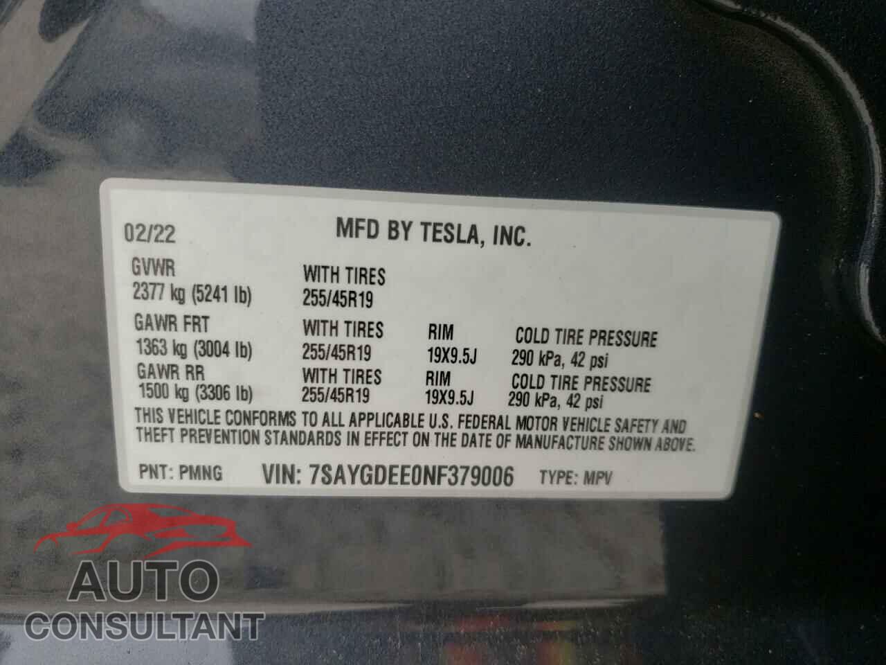 TESLA MODEL Y 2022 - 7SAYGDEE0NF379006