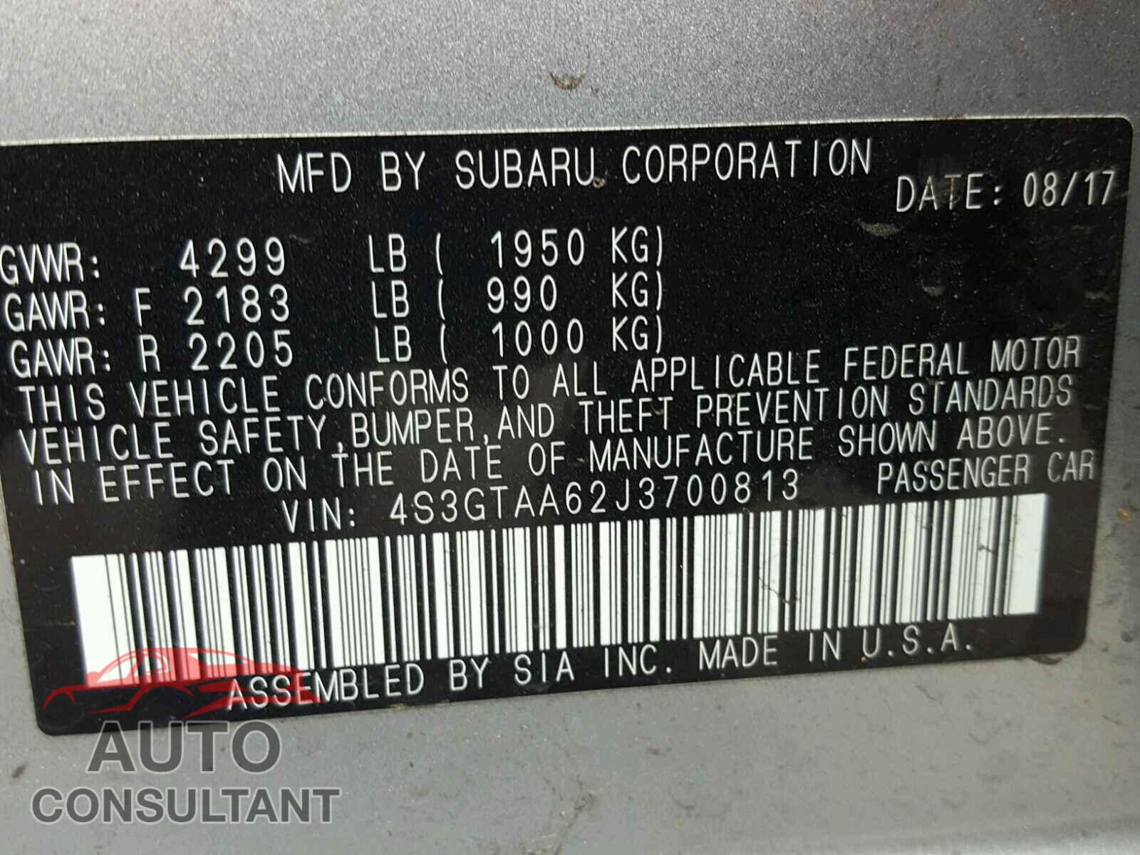 SUBARU IMPREZA 2018 - 4S3GTAA62J3700813