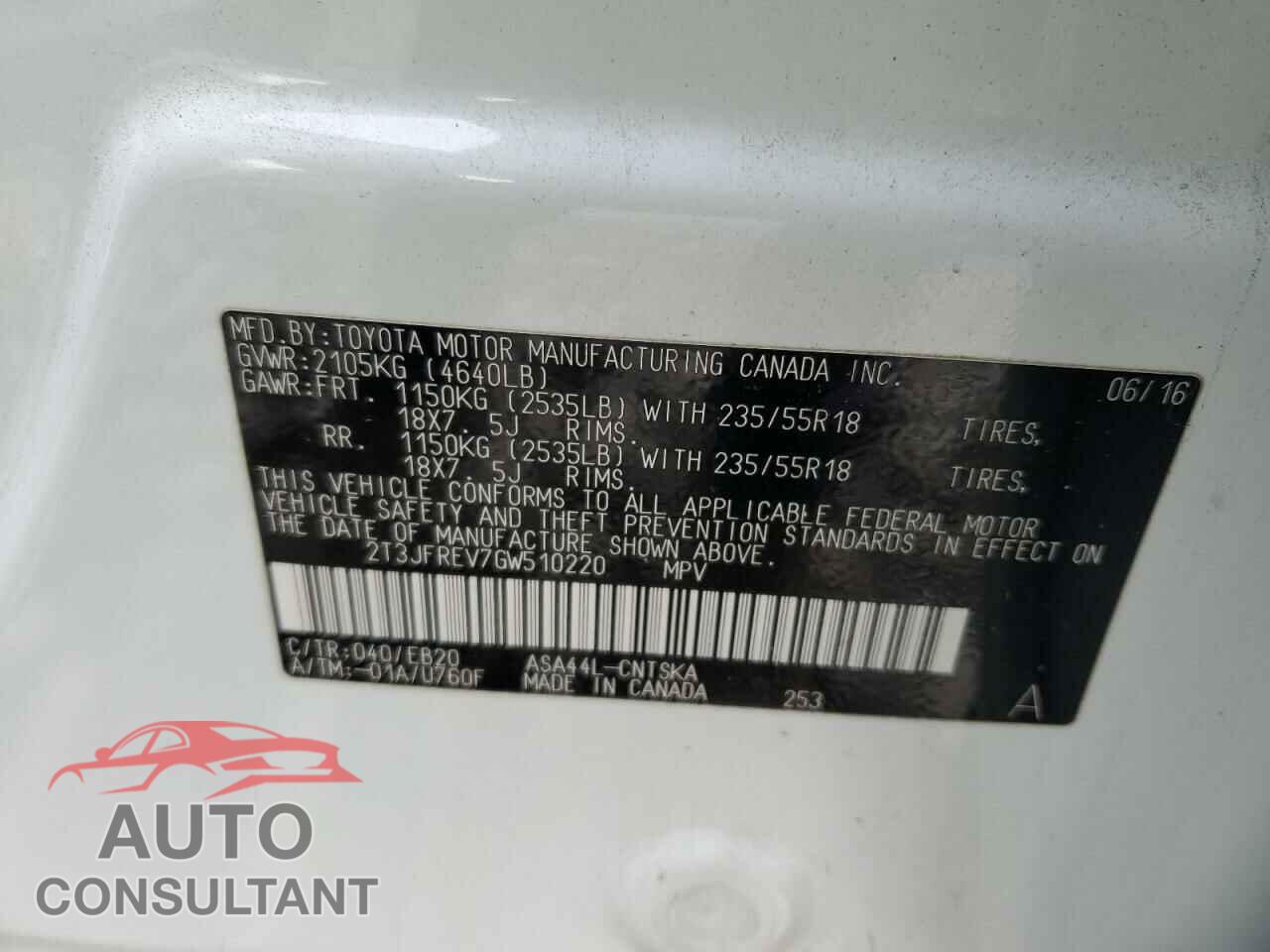 TOYOTA RAV4 2016 - 2T3JFREV7GW510220