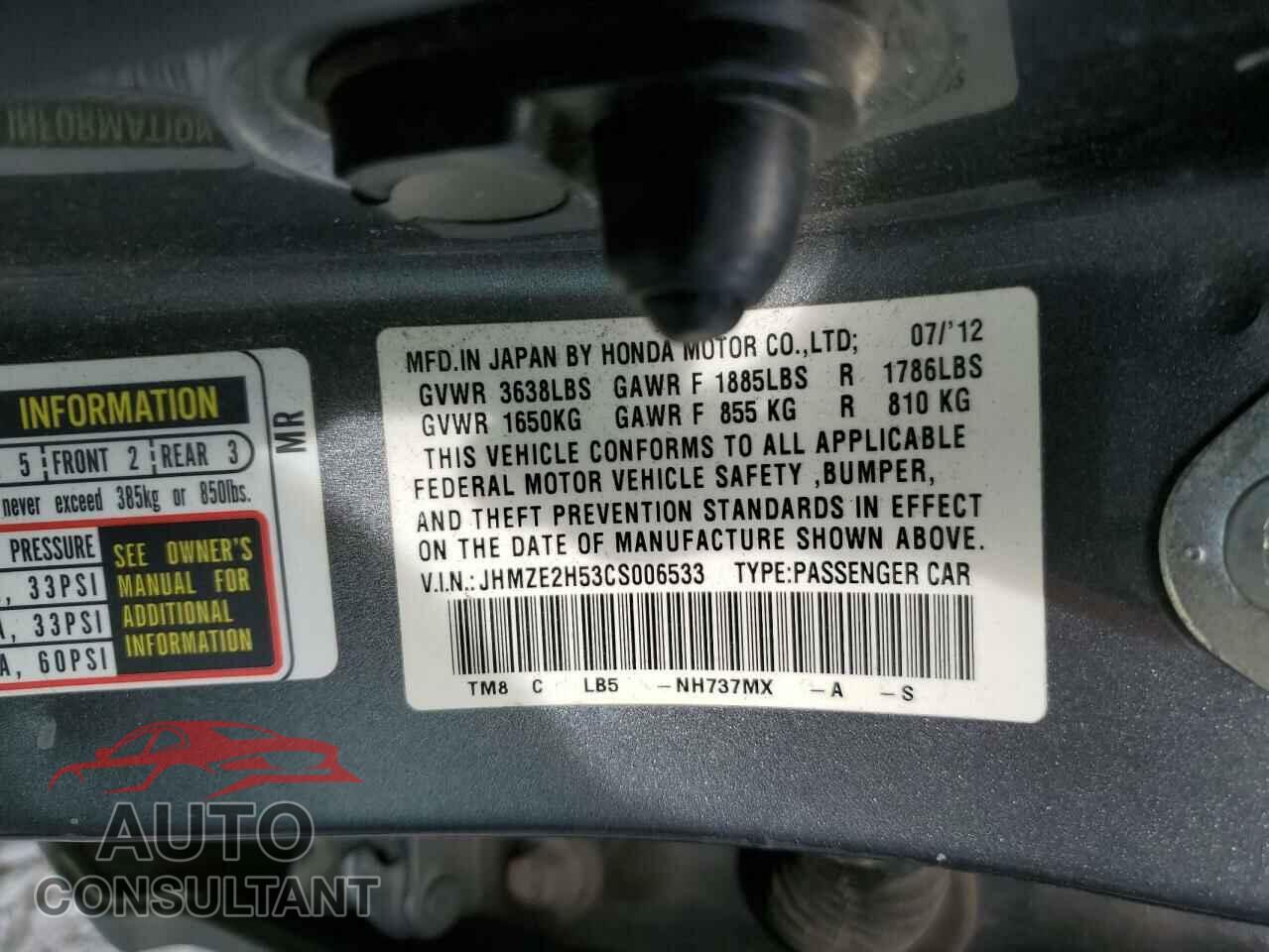 HONDA INSIGHT 2012 - JHMZE2H53CS006533