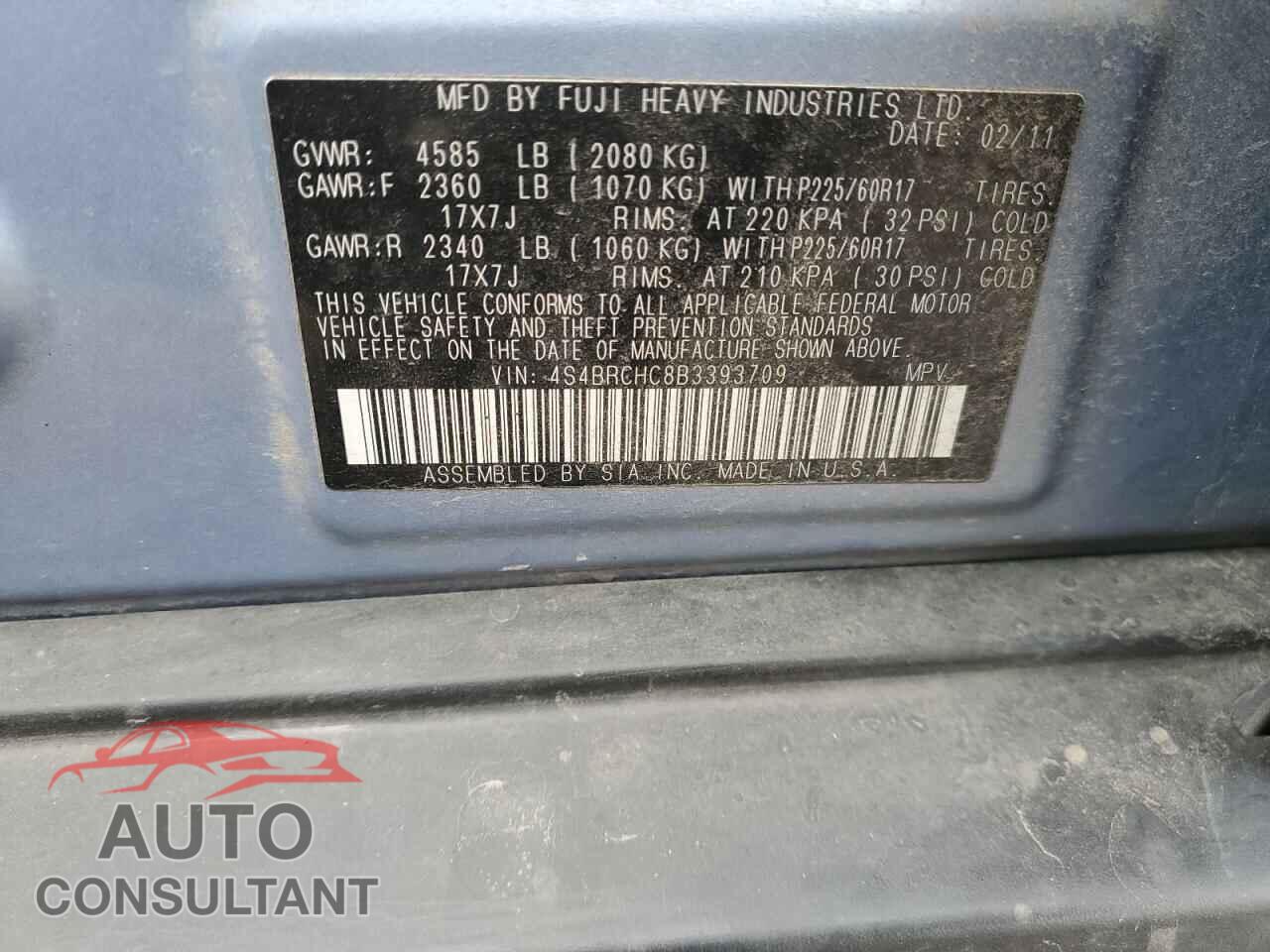 SUBARU OUTBACK 2011 - 4S4BRCHC8B3393709