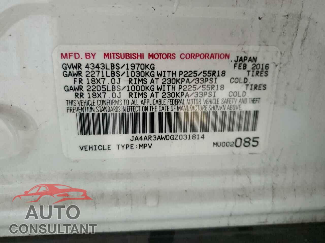 MITSUBISHI OUTLANDER 2016 - JA4AR3AW0GZ031814